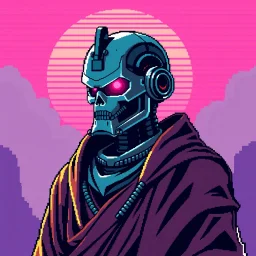 8 bit pixelart of a terminator like robot, synthwave colored, vaporware, budist monk robe