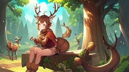 Tree Girl, forest, sit , deer hoof foot, brown hair,, deer face, deer tail, deer hoof hand