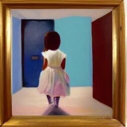 Distant Painting of a little girl walking into a room