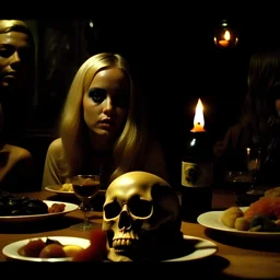 Horror movie shot, spooky, hot, ultra realistic, dine, skull, chaos, black, ultra realistic hot blonde women, party, pieces of meat, organs, ail, dynamic, very excited people, hypermaximalist figures, light, 1970's Italian horror movie, sinister,, Dario Argento, Stanley Kubrik, ornate, 4k, photorealism