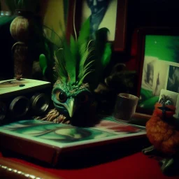 Close-up polaroid of ultra realistic odd monster, part man, part plant, and part animal in a living-room, vivid, ultra realistic, Egon Schiele, hypermaximalist figures, light, Italian 1970's odd movie, hilarious, fine art, Minicavio Quollati style, photography by Marlost Endgulp, dark atmosphere, obsessive, 4k, sharp focus, 3d, photorealism