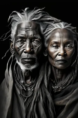 a photo of an Bushmen man and woman with ethnic jewelry, grey hair and grey flowing robe, in style of Annie Leibovitz, contemporary portrait of a mature yet beautiful and modernist, black and grey, detailed face, swirling fluid smokey enigma, award-winning artwork