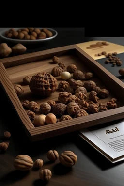 It is located on a wooden table with pieces of walnut around it