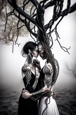 Multiple entanglements between a twisted thin piece of cloth as part of many twisted and spiraling branches disappearing into the distant mist, epic photo, 2 beautiful lovers are embracing, stunning tattoos that intwine with eachothers tattoos,sharp on highly detailed skin with wrinkles and high contrast, photorealistic, explosion of extacy,4K, 3D, realism, hyperrealism, detail, good lighting, detailed texture, modern photography style, 3D, 4D, 4K