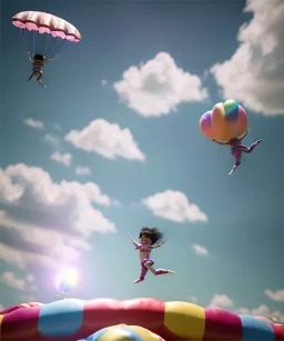 Ultra realistic speed clouds sky scene, wide angle view, sweet childs falling down, inflatable color clothing, free jumping flying, many trinkets, hair monster, many jelly beans, balls, color smoke, smile, happy, circus style, extreme, wind, clouds sea, 20,000 feet altitude, stratosphere, soft color, highly detailed, unreal engine 5, ray tracing, RTX, lumen lighting, ultra detail, volumetric lighting, 3d, finely drawn, high definition, high resolution.