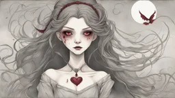 comic style, In the pallid moonlight, a peculiar girl appears - a vampire, her skin a haunting shade of spectral grey, as if she herself were wrought from the lonely heart of a forsaken moon. Cruel rubies are set into her eyes, glowing with ominous liveliness against her lifeless pallor. Blood, a sinister accompaniment to her form, the colour of garnet, seems to drip off her like a macabre jewel, casting a chilling aura of dangerous enchantment about her.