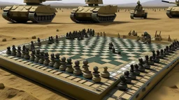 A chessboard with holes on it with Israeli tanks and soldiers on it