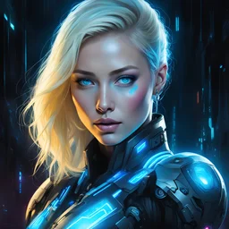 full body portrait of woman cyborg bioluminescent portrait , blue eyes, blonde hair, fantasy art by "Shih Chieh Huang, fantasy illustration, detailed painting, and deep color" cyberpunk blade runner 2049 neon cyberspace robot cyberspace cyberpunk""
