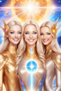 cosmic woman smile, admiral from the future, one fine whole face, crystalline skin, expressive blue eyes,rainbow, smiling lips, very nice smile, costume pleiadian, Beautiful tall woman pleiadian Galactic commander, ship, perfect datailed golden galactic suit, high rank, long blond hair, hand whit five perfect detailed finger, amazing big blue eyes, smilling mouth, high drfinition lips, cosmic happiness, bright colors, blue, pink, gold, jewels, realist, high,rainbow commander