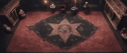 Hyper Realistic top view of huge dark mansion lounge with Zombie-pirate standing on a ritual pentagram on an old carpet