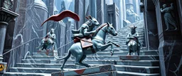 centaur with stenthal syndrome. superhero rat, the chariot, the fool and the tower tarot card disaster rendered in magnificient 4d glossy marble stones reflective and wet, like mirrors, winding stairs, watchers, statues of perfect octahedron dice