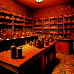 A dark orange laboratory with vials of chemicals designed in Kuna molas painted by Gustav Klimt