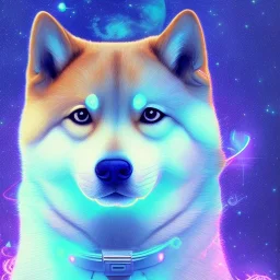 shiba inu with glowing blue violet aura