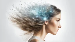 white background, Magical secret on the top of a woman's head, in her hair, double exposure, high resolution, fine rendering, high detail, 3D, on her head, fantasy,