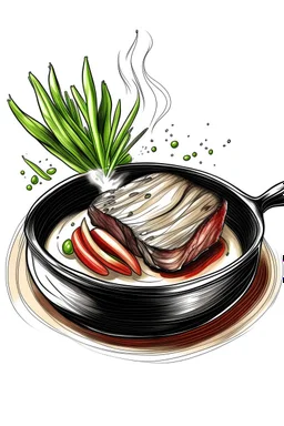 A cast iron skillet with a perfectly seared steak resting inside, steam rising from the edges. A sprig of fresh rosemary and a halved garlic clove lie beside it. Style: Rustic, Mood: Hearty, Lighting: Warm kitchen light, T-shirt design graphic, vector, contour, white background.