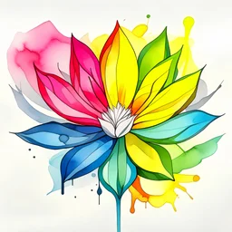 A colorful, abstract and minimal watercolor painting of a flower. The flower has big leaves, rainbow petals, with black outline details giving a scribbled effect. the image is in the middle of a white canvas. The background should be clean and mostly white, with subtle geometric shapes and thin, straight lines that intersect with dotted nodes. The style is expressive and textured, reminiscent of outsider art.