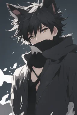 A male anime boy with messy black hair, black cat ears.