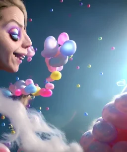 Ultra realistic speed clouds sky scene, wide angle view, sweet women falling down, inflatable color clothing, free jumping flying, many trinkets, hair monster. many jelly beans, balls, color smoke, smile, happy, circus style, extreme, wind, 20,000 feet altitude, stratosphere, soft color, highly detailed, unreal engine 5, ray tracing, RTX, lumen lighting, ultra detail, volumetric lighting, 3d, finely drawn, high definition, high resolution.