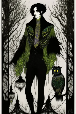 Black haired, owl-man, Skinny, warlock, in the style of Harry Clarke