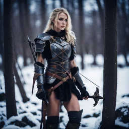 portrait of a 20 year old blonde female warrior wearing leather half armour and carrying a bow, dark fantasy, snowy landscape