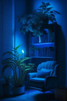 a room with blue led lights and a very nice chair and book shelfs and a potted plant