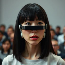 Female with straight dark hair and bangs with a full Vestigial synthetic mechanical face implant and ersatz multi-modal gadget facial appendages giving a speech, absurd psychology, metaphoric situational photography, minimalism, background is a TED talk symposium with crowd,