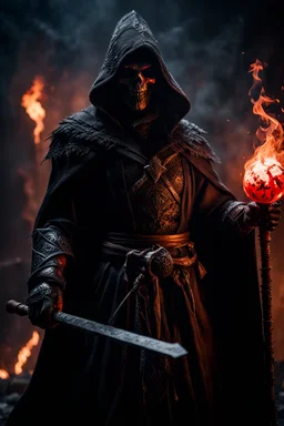 the bloody sorcerer known as The Shadow of Death weilding the staff of undeath. black rotting smoke. undeads in the background. fantasy art, Cinematic lighting, Volumetric lighting, Epic composition, Photorealism, Bokeh blur, Very high detail, Sony Alpha α7, ISO1900, Character design, Unreal Engine, Octane render, HDR, Subsurface scattering