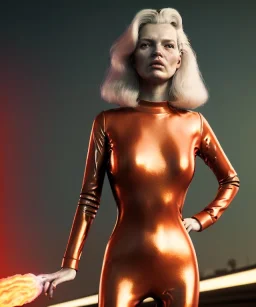 retro sci-fi portrait image from 1980, supermarket parking explosions, fire, scared people, blonde woman walking, sweet Kate moss face, tight latex suit, soft color, highly detailed, unreal engine 5, ray tracing, RTX, lumen lighting, ultra detail, volumetric lighting, 3d, finely drawn, high definition, high resolution.