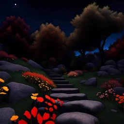 Colourful, peaceful, Egon Schiele, Max Ernst, Vincent Ban Gogh, night sky filled with galaxies and stars, rocks, trees, flowers, sharp focus, 8k, deep 3d field, intricate, ornate