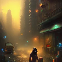 spray paint fantasy art, evening, seen from lying on the street, dirty city alley, heist action, upper body of human thief in shadow, book illustration, cartoon characters