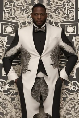 Luxurious black men's wedding suit patterned on the sleeves