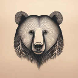 M shaped bear head combined with woods silhouette in background, letterpress style, minimalistic pencil art