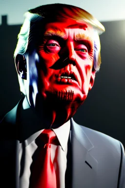 Ultra realistic image, Donald trump zombie, zombie performance, suit, skull, blood, torn arm, night, walking twisted, waist up view, thriller style, dark ambient, highly detailed, White House background, concept art, unreal engine 5, ray tracing, RTX, ultra detail, volumetric lighting, high definition, high resolution.