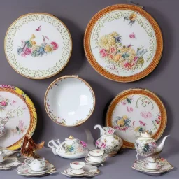 exquisite whimsical tea set in embroidery hoop, intricate, highly detailed, linen and wood backdrop