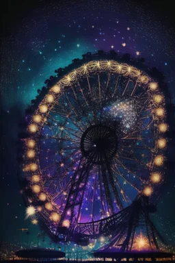 night, downtown, party centre, glowing Ferris wheel, starry sky in starshine