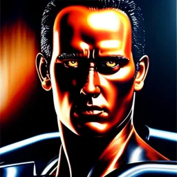 portrait of 'Terminator t-800',no flesh, only metal, painting by simon Bisley , oil on canvas, cinematic composition, extreme detail,fit full head inside picture,8k