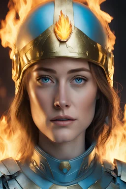 Dakota Johnson A commander with a golden helmet and eyes with flaming light blue pupils