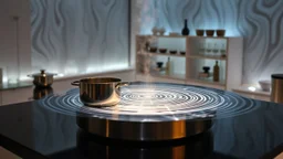 modern labraratory instrument environment, water waves created Cymatics pretty patterns that sound waves make on water in luxury lab in a big pot on the table sync with music ferquency t