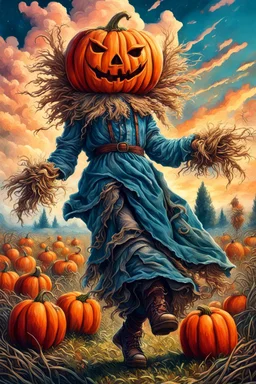 works by Mark Keatley, Josephine Wall, Ellen Jewett, Dan Mumford Cayenne, Victoria Francis. dancing scarecrow with a scary pumpkin head in a field with scarecrows, High Definition HD, High Detail, UHD Pen and Ink Art, Perfect Composition, Detailed Intricacy, Crazy Octane Rendering, Trending on Artstation, 8k Fine Art Photography, Photorealistic Concept Art , soft thoughts, 3D cinematic perfect light, 3D rendering, famous, unforgettable., photo, poster, cinematic