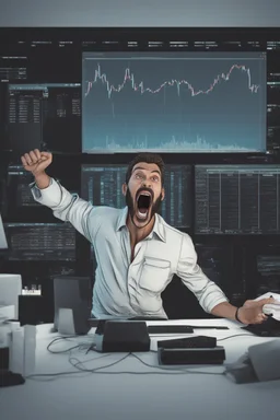 A 3d animated guy screaming with joy Infront of his PC as the bullish pips on the stock market is climbing, 8k, highly detailed