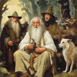 [art by Norman Rockwell: three Middle-earth Istaris are Jonathan Pryce, Sylvester McCoy and Jean Rochefort] Radagast, with his unkempt hair and a menagerie of animals, shared a hearty chuckle with Saruman, the wise and cunning Istari. And there, in the midst of it all, stood Gandalf, a twinkle in his eyes as he joined in the mirth.Their laughter echoed through the night, a rare moment of camaraderie amidst the chaos of their journeys.