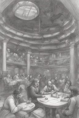 Sketch of the interior of a dnd tavern with people at round tables