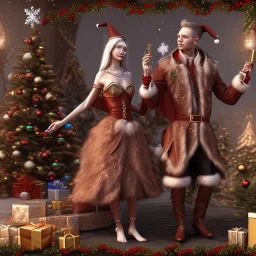 two elves. woman and man. Christmas scene. photorealistic. low-key