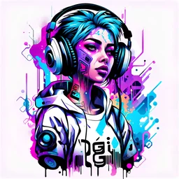 -shirt design, cyberpunk, art girl and boy for style tattoos, abstract color hair, headphone, multimedia, with text "digi". Grafity style. White background.