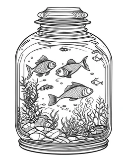 fish sea life in jar minimalistic, line art, background, vector, svg, coloring book page style, black outline on white background