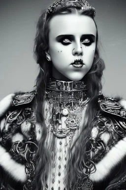 Danish singer MØ face, darkness style witch smiling end hell sureal blade high blood horn samurai