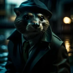 primer plano de una nutria detective con sobretodo verde oscuro, policial negro, fondo de paisaje urbano, húmedo y oscuro, contraluz, atmosfera de misterio