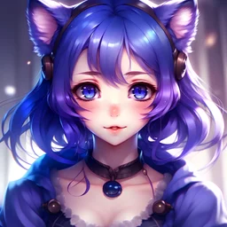 girl, purple hair with cat ears, purple eyes, cute fantasy purple outfit, blue eyes, pale skin, front facing, looking into the camera, anime