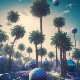 1980's aesthetic vaporwave curvy palm trees with spheres and ufo