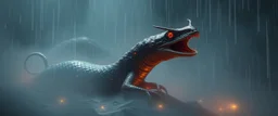 horrible space slinky boa rock bird slug in the style of giger, in fog and spectacular spark rain